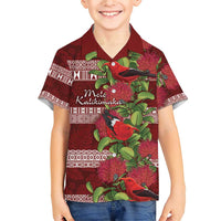 Hawaii Christmas Mele Kalikimaka Family Matching Short Sleeve Bodycon Dress and Hawaiian Shirt I'iwi Bird on Ohia Lehua LT7 Son's Shirt Red White - Polynesian Pride