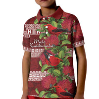 Hawaii Christmas Mele Kalikimaka Kid Polo Shirt I'iwi Bird on Ohia Lehua