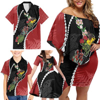 New Zealand Christmas Family Matching Off Shoulder Short Dress and Hawaiian Shirt Flora Map with Birds - Polynesian Pride