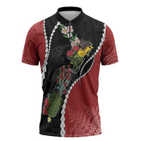 New Zealand Christmas Zipper Polo Shirt Flora Map with Birds - Polynesian Pride