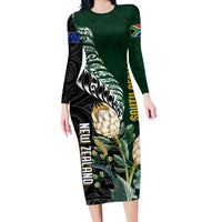 Custom South Africa Mix New Zealand Rugby 2023 Family Matching Long Sleeve Bodycon Dress and Hawaiian Shirt World Cup Greatest Rivalry LT7 Mom's Dress Black Green - Polynesian Pride