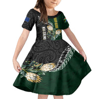 Custom South Africa Mix New Zealand Rugby 2023 Family Matching Off Shoulder Maxi Dress and Hawaiian Shirt World Cup Greatest Rivalry LT7 Daughter's Dress Black Green - Polynesian Pride