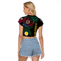 Personalised Vanuatu Raglan Cropped T Shirt Turtle Chest Tattoo Flag Color - Shefa LT7 - Polynesian Pride