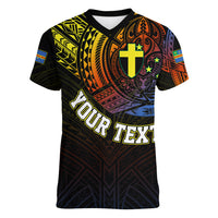 Personalised Vanuatu Women V Neck T Shirt Turtle Chest Tattoo Flag Color - Tafea LT7 - Polynesian Pride