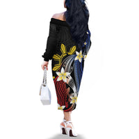 Personalized Philippines Tribal Family Matching Off The Shoulder Long Sleeve Dress and Hawaiian Shirt Tropical Waves - Plumeria