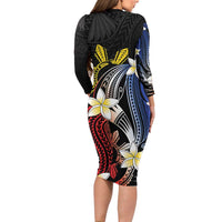 Personalized Philippines Tribal Long Sleeve Bodycon Dress Tropical Waves - Plumeria