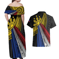 Philippines Sun Couples Matching Off Shoulder Maxi Dress and Hawaiian Shirt Pasifika Tribal Style