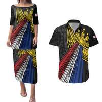 Philippines Sun Couples Matching Puletasi and Hawaiian Shirt Pasifika Tribal Style