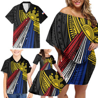 Philippines Sun Family Matching Off Shoulder Short Dress and Hawaiian Shirt Pasifika Tribal Style