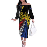 Philippines Sun Off The Shoulder Long Sleeve Dress Pasifika Tribal Style LT7 Women Black - Polynesian Pride
