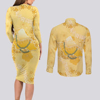 Hawaii Oahu Island Flowers Lei Couples Matching Long Sleeve Bodycon Dress and Long Sleeve Button Shirt Yellow Ilima Mix Plumeria