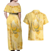 Hawaii Oahu Island Flowers Lei Couples Matching Off Shoulder Maxi Dress and Hawaiian Shirt Yellow Ilima Mix Plumeria