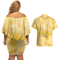 Hawaii Oahu Island Flowers Lei Couples Matching Off Shoulder Short Dress and Hawaiian Shirt Yellow Ilima Mix Plumeria