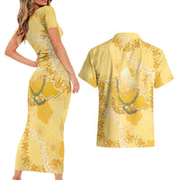 Hawaii Oahu Island Flowers Lei Couples Matching Short Sleeve Bodycon Dress and Hawaiian Shirt Yellow Ilima Mix Plumeria