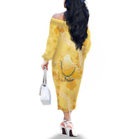 Hawaii Oahu Island Flowers Lei Family Matching Off The Shoulder Long Sleeve Dress and Hawaiian Shirt Yellow Ilima Mix Plumeria
