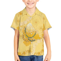 Hawaii Oahu Island Flowers Lei Family Matching Off Shoulder Maxi Dress and Hawaiian Shirt Yellow Ilima Mix Plumeria