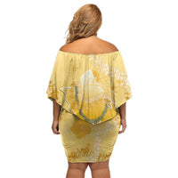 Hawaii Oahu Island Flowers Lei Family Matching Off Shoulder Short Dress and Hawaiian Shirt Yellow Ilima Mix Plumeria