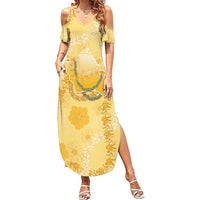 Hawaii Oahu Island Flowers Lei Family Matching Summer Maxi Dress and Hawaiian Shirt Yellow Ilima Mix Plumeria