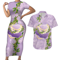 Hawaii Kauai Island Flowers Lei Couples Matching Short Sleeve Bodycon Dress and Hawaiian Shirt Mokihana Lei