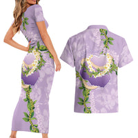 Hawaii Kauai Island Flowers Lei Couples Matching Short Sleeve Bodycon Dress and Hawaiian Shirt Mokihana Lei
