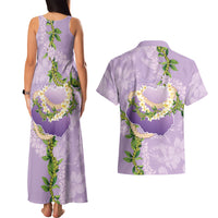 Hawaii Kauai Island Flowers Lei Couples Matching Tank Maxi Dress and Hawaiian Shirt Mokihana Lei