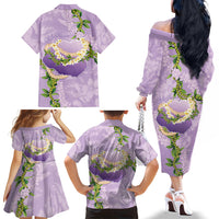 Hawaii Kauai Island Flowers Lei Family Matching Off The Shoulder Long Sleeve Dress and Hawaiian Shirt Mokihana Lei