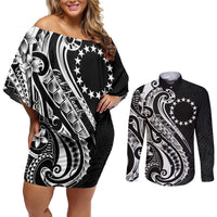 Kia Orana Cook Islands Couples Matching Off Shoulder Short Dress and Long Sleeve Button Shirt Kerekere Plumeria Tropical Waves - Polynesian Pride
