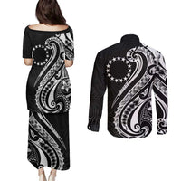 Kia Orana Cook Islands Couples Matching Puletasi and Long Sleeve Button Shirt Kerekere Plumeria Tropical Waves - Polynesian Pride