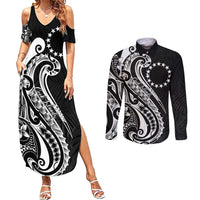 Kia Orana Cook Islands Couples Matching Summer Maxi Dress and Long Sleeve Button Shirt Kerekere Plumeria Tropical Waves - Polynesian Pride