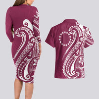 Kia Orana Cook Islands Couples Matching Long Sleeve Bodycon Dress and Hawaiian Shirt Maroon Plumeria Tropical Waves - Polynesian Pride