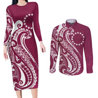 Kia Orana Cook Islands Couples Matching Long Sleeve Bodycon Dress and Long Sleeve Button Shirt Maroon Plumeria Tropical Waves - Polynesian Pride