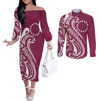 Kia Orana Cook Islands Couples Matching Off The Shoulder Long Sleeve Dress and Long Sleeve Button Shirt Maroon Plumeria Tropical Waves - Polynesian Pride