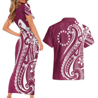 Kia Orana Cook Islands Couples Matching Short Sleeve Bodycon Dress and Hawaiian Shirt Maroon Plumeria Tropical Waves - Polynesian Pride