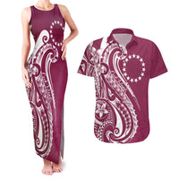 Kia Orana Cook Islands Couples Matching Tank Maxi Dress and Hawaiian Shirt Maroon Plumeria Tropical Waves - Polynesian Pride