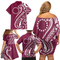 Kia Orana Cook Islands Family Matching Off Shoulder Short Dress and Hawaiian Shirt Maroon Plumeria Tropical Waves - Polynesian Pride