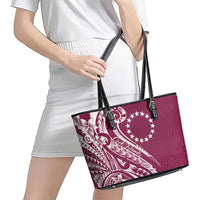 Kia Orana Cook Islands Leather Tote Bag Maroon Plumeria Tropical Waves - Polynesian Pride