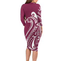 Kia Orana Cook Islands Long Sleeve Bodycon Dress Maroon Plumeria Tropical Waves - Polynesian Pride
