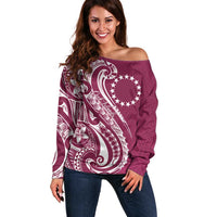 Kia Orana Cook Islands Off Shoulder Sweater Maroon Plumeria Tropical Waves - Polynesian Pride