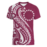 Kia Orana Cook Islands Women V-Neck T-Shirt Maroon Plumeria Tropical Waves - Polynesian Pride