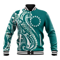 Kia Orana Cook Islands Baseball Jacket Teal Plumeria Tropical Waves - Polynesian Pride