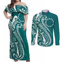 Kia Orana Cook Islands Couples Matching Off Shoulder Maxi Dress and Long Sleeve Button Shirt Teal Plumeria Tropical Waves - Polynesian Pride
