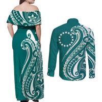 Kia Orana Cook Islands Couples Matching Off Shoulder Maxi Dress and Long Sleeve Button Shirt Teal Plumeria Tropical Waves - Polynesian Pride