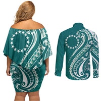 Kia Orana Cook Islands Couples Matching Off Shoulder Short Dress and Long Sleeve Button Shirt Teal Plumeria Tropical Waves - Polynesian Pride
