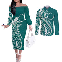 Kia Orana Cook Islands Couples Matching Off The Shoulder Long Sleeve Dress and Long Sleeve Button Shirt Teal Plumeria Tropical Waves - Polynesian Pride