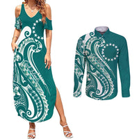 Kia Orana Cook Islands Couples Matching Summer Maxi Dress and Long Sleeve Button Shirt Teal Plumeria Tropical Waves - Polynesian Pride