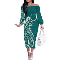 Kia Orana Cook Islands Family Matching Off The Shoulder Long Sleeve Dress and Hawaiian Shirt Teal Plumeria Tropical Waves - Polynesian Pride