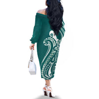Kia Orana Cook Islands Family Matching Off The Shoulder Long Sleeve Dress and Hawaiian Shirt Teal Plumeria Tropical Waves - Polynesian Pride