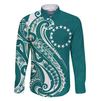 Kia Orana Cook Islands Family Matching Off Shoulder Maxi Dress and Hawaiian Shirt Teal Plumeria Tropical Waves LT7 Dad's Shirt - Long Sleeve Teal - Polynesian Pride