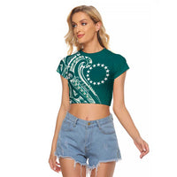Kia Orana Cook Islands Raglan Cropped T Shirt Teal Plumeria Tropical Waves - Polynesian Pride