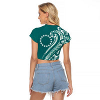 Kia Orana Cook Islands Raglan Cropped T Shirt Teal Plumeria Tropical Waves - Polynesian Pride